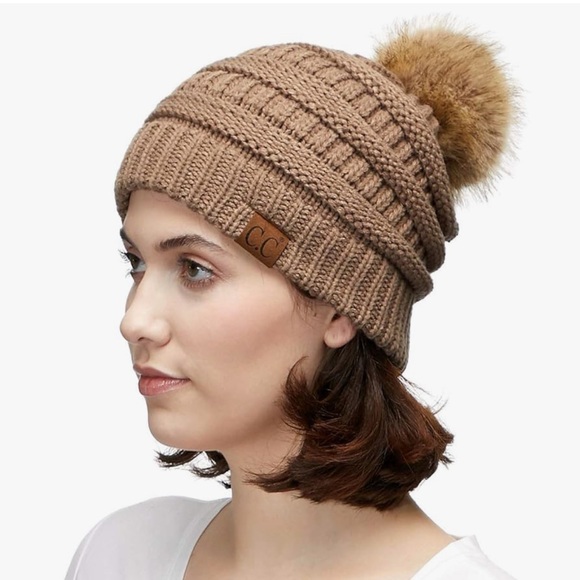 C.C Brown Knit Beanie with Faux Fur Pom - Picture 3 of 8